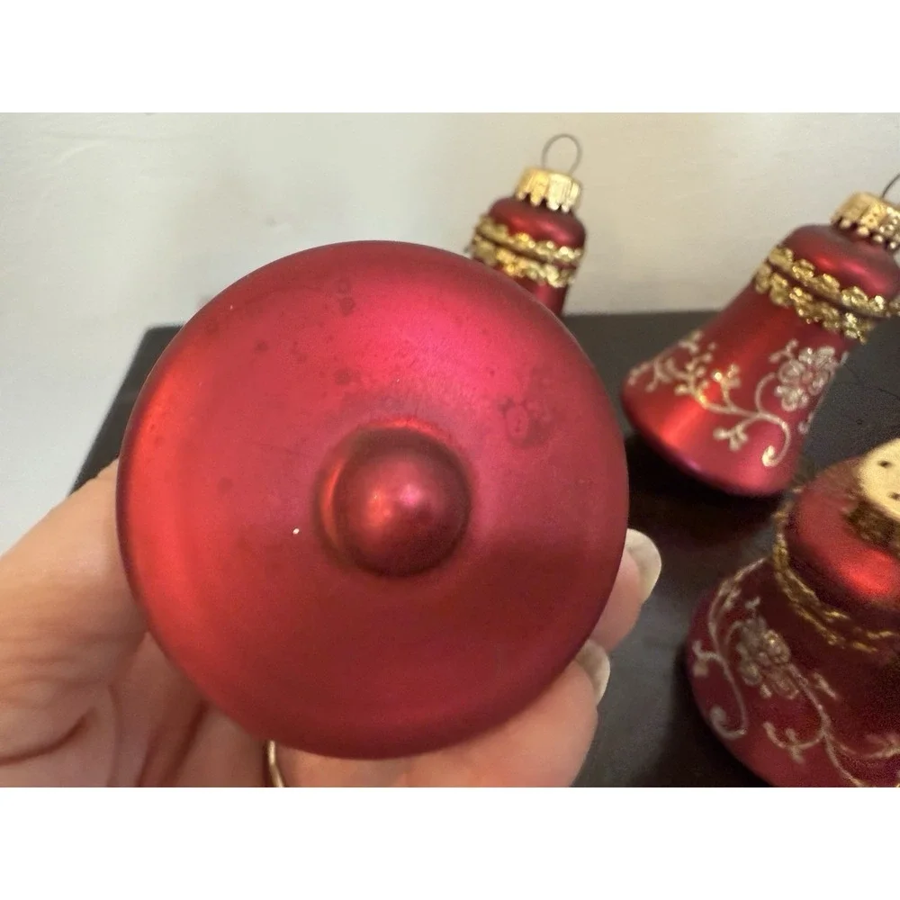 CHRISTMAS BY KREBS Glass BELL Ornaments Red w/ Gold Glitter Set of 4 No Box